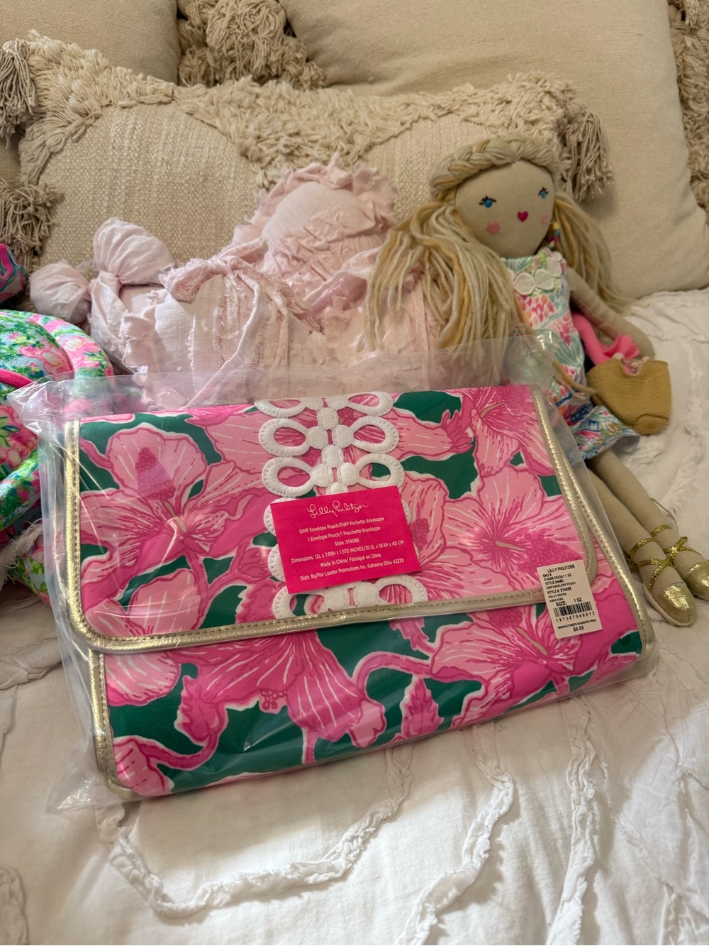 Lilly Pulitzer Envelope Pouch Clutch Kelly Green Hibis Kiss with Gold Trim